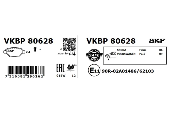 Bremsbelagsatz, Scheibenbremse Vorderachse SKF VKBP 80628 Bild Bremsbelagsatz, Scheibenbremse Vorderachse SKF VKBP 80628