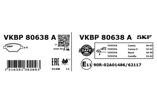 Bremsbelagsatz, Scheibenbremse Vorderachse SKF VKBP 80638 A Bild Bremsbelagsatz, Scheibenbremse Vorderachse SKF VKBP 80638 A