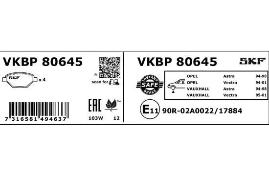 Bremsbelagsatz, Scheibenbremse SKF VKBP 80645 Bild Bremsbelagsatz, Scheibenbremse SKF VKBP 80645