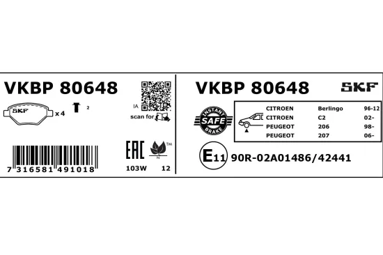 Bremsbelagsatz, Scheibenbremse SKF VKBP 80648 Bild Bremsbelagsatz, Scheibenbremse SKF VKBP 80648