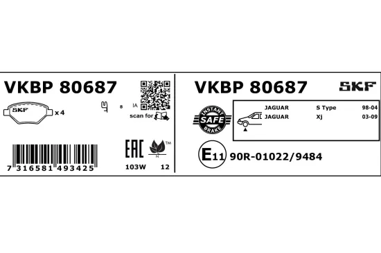 Bremsbelagsatz, Scheibenbremse Vorderachse SKF VKBP 80687 Bild Bremsbelagsatz, Scheibenbremse Vorderachse SKF VKBP 80687