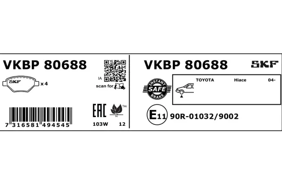 Bremsbelagsatz, Scheibenbremse Vorderachse SKF VKBP 80688 Bild Bremsbelagsatz, Scheibenbremse Vorderachse SKF VKBP 80688