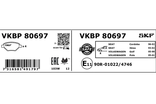 Bremsbelagsatz, Scheibenbremse Vorderachse SKF VKBP 80697 Bild Bremsbelagsatz, Scheibenbremse Vorderachse SKF VKBP 80697