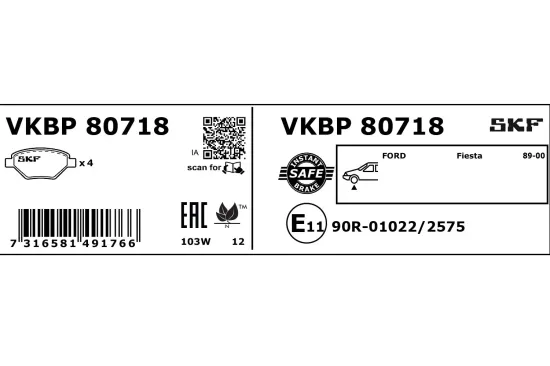 Bremsbelagsatz, Scheibenbremse SKF VKBP 80718 Bild Bremsbelagsatz, Scheibenbremse SKF VKBP 80718