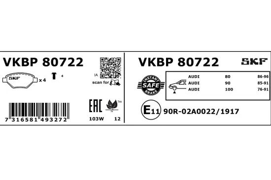 Bremsbelagsatz, Scheibenbremse Vorderachse SKF VKBP 80722 Bild Bremsbelagsatz, Scheibenbremse Vorderachse SKF VKBP 80722