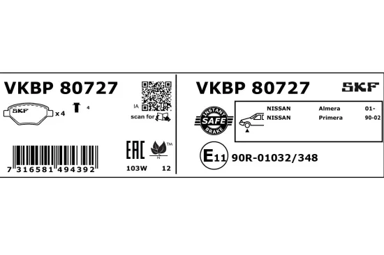 Bremsbelagsatz, Scheibenbremse SKF VKBP 80727 Bild Bremsbelagsatz, Scheibenbremse SKF VKBP 80727