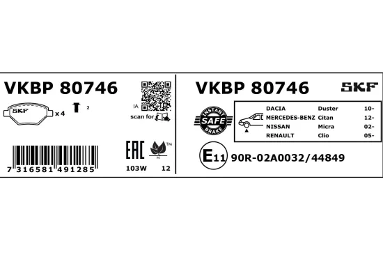 Bremsbelagsatz, Scheibenbremse Vorderachse SKF VKBP 80746 Bild Bremsbelagsatz, Scheibenbremse Vorderachse SKF VKBP 80746