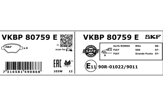 Bremsbelagsatz, Scheibenbremse Vorderachse SKF VKBP 80759 E Bild Bremsbelagsatz, Scheibenbremse Vorderachse SKF VKBP 80759 E