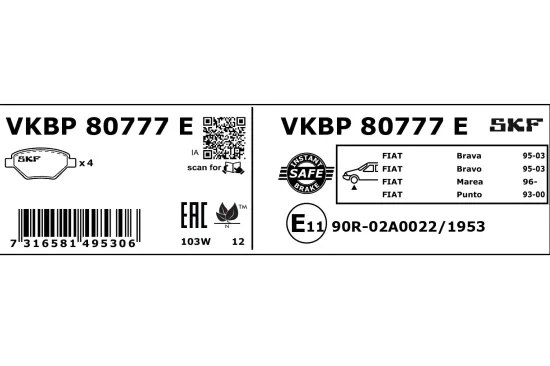 Bremsbelagsatz, Scheibenbremse SKF VKBP 80777 E Bild Bremsbelagsatz, Scheibenbremse SKF VKBP 80777 E