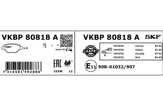 Bremsbelagsatz, Scheibenbremse Vorderachse SKF VKBP 80818 A Bild Bremsbelagsatz, Scheibenbremse Vorderachse SKF VKBP 80818 A