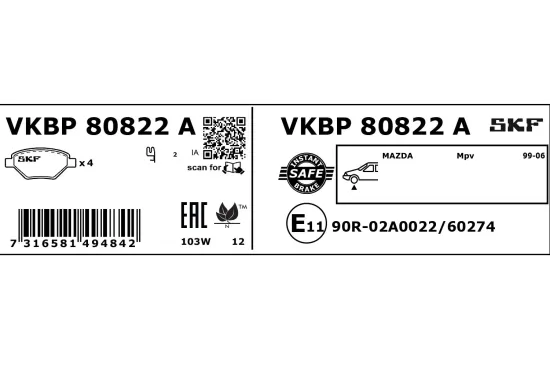 Bremsbelagsatz, Scheibenbremse Vorderachse SKF VKBP 80822 A Bild Bremsbelagsatz, Scheibenbremse Vorderachse SKF VKBP 80822 A