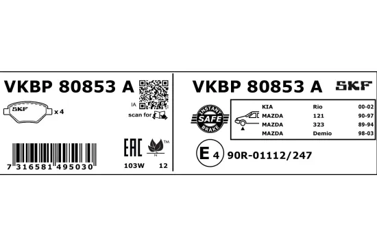 Bremsbelagsatz, Scheibenbremse Vorderachse SKF VKBP 80853 A Bild Bremsbelagsatz, Scheibenbremse Vorderachse SKF VKBP 80853 A