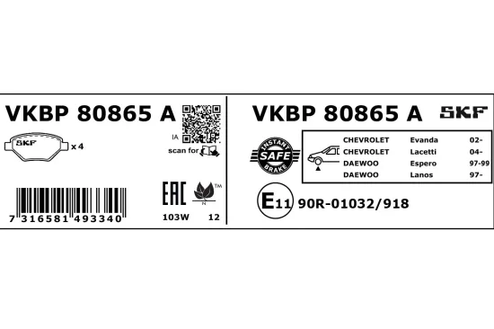 Bremsbelagsatz, Scheibenbremse Vorderachse SKF VKBP 80865 A Bild Bremsbelagsatz, Scheibenbremse Vorderachse SKF VKBP 80865 A