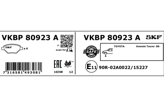 Bremsbelagsatz, Scheibenbremse Vorderachse SKF VKBP 80923 A Bild Bremsbelagsatz, Scheibenbremse Vorderachse SKF VKBP 80923 A