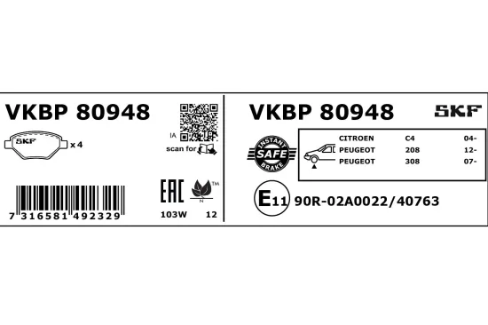 Bremsbelagsatz, Scheibenbremse SKF VKBP 80948 Bild Bremsbelagsatz, Scheibenbremse SKF VKBP 80948