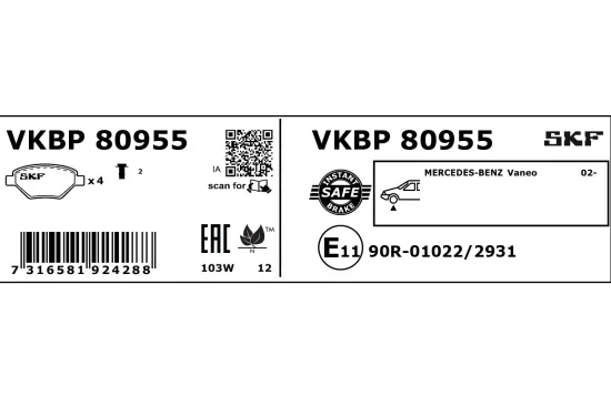 Bremsbelagsatz, Scheibenbremse Vorderachse SKF VKBP 80955 Bild Bremsbelagsatz, Scheibenbremse Vorderachse SKF VKBP 80955