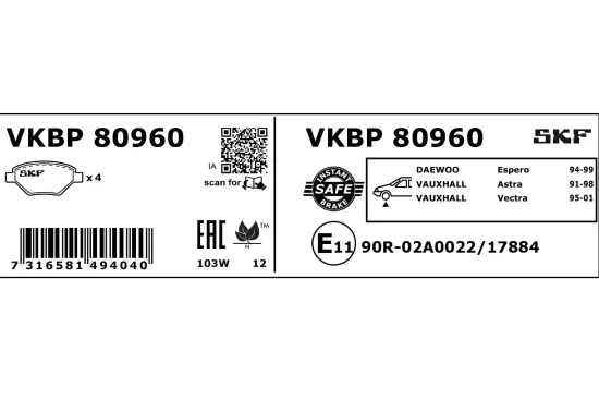 Bremsbelagsatz, Scheibenbremse Vorderachse SKF VKBP 80960 Bild Bremsbelagsatz, Scheibenbremse Vorderachse SKF VKBP 80960