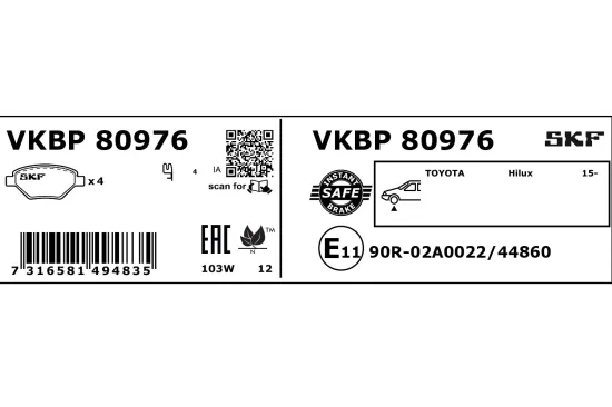 Bremsbelagsatz, Scheibenbremse Vorderachse SKF VKBP 80976 Bild Bremsbelagsatz, Scheibenbremse Vorderachse SKF VKBP 80976