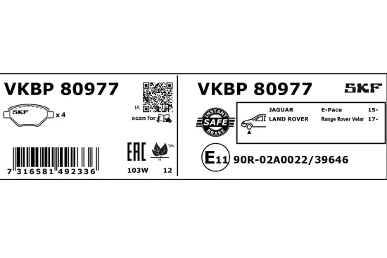Bremsbelagsatz, Scheibenbremse Vorderachse SKF VKBP 80977 Bild Bremsbelagsatz, Scheibenbremse Vorderachse SKF VKBP 80977