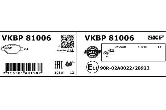 Bremsbelagsatz, Scheibenbremse SKF VKBP 81006 Bild Bremsbelagsatz, Scheibenbremse SKF VKBP 81006