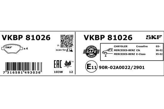 Bremsbelagsatz, Scheibenbremse SKF VKBP 81026 Bild Bremsbelagsatz, Scheibenbremse SKF VKBP 81026