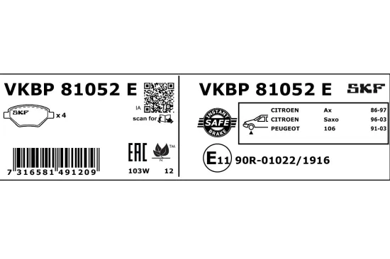 Bremsbelagsatz, Scheibenbremse SKF VKBP 81052 E Bild Bremsbelagsatz, Scheibenbremse SKF VKBP 81052 E