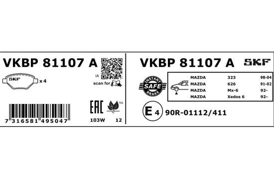 Bremsbelagsatz, Scheibenbremse SKF VKBP 81107 A Bild Bremsbelagsatz, Scheibenbremse SKF VKBP 81107 A