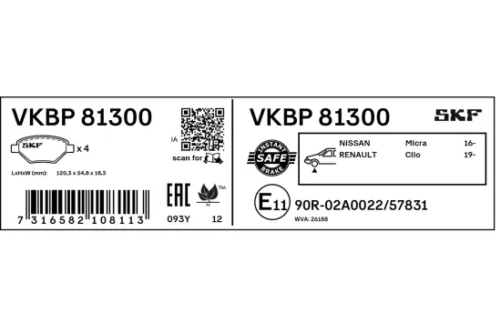 Bremsbelagsatz, Scheibenbremse Vorderachse SKF VKBP 81300 Bild Bremsbelagsatz, Scheibenbremse Vorderachse SKF VKBP 81300