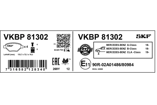 Bremsbelagsatz, Scheibenbremse Vorderachse SKF VKBP 81302 Bild Bremsbelagsatz, Scheibenbremse Vorderachse SKF VKBP 81302