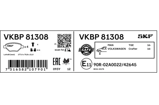 Bremsbelagsatz, Scheibenbremse Vorderachse SKF VKBP 81308 Bild Bremsbelagsatz, Scheibenbremse Vorderachse SKF VKBP 81308