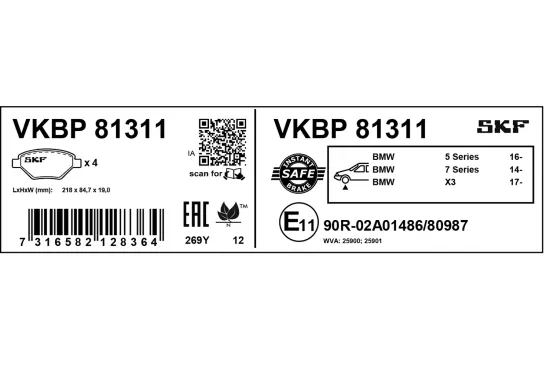 Bremsbelagsatz, Scheibenbremse Vorderachse SKF VKBP 81311 Bild Bremsbelagsatz, Scheibenbremse Vorderachse SKF VKBP 81311
