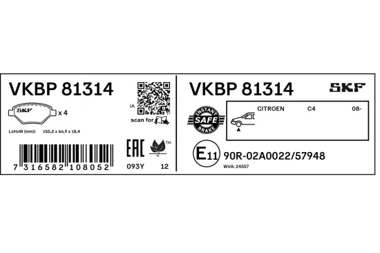 Bremsbelagsatz, Scheibenbremse Vorderachse SKF VKBP 81314 Bild Bremsbelagsatz, Scheibenbremse Vorderachse SKF VKBP 81314