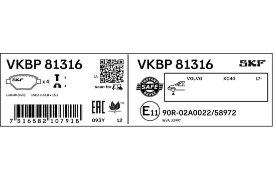 Bremsbelagsatz, Scheibenbremse Vorderachse SKF VKBP 81316 Bild Bremsbelagsatz, Scheibenbremse Vorderachse SKF VKBP 81316