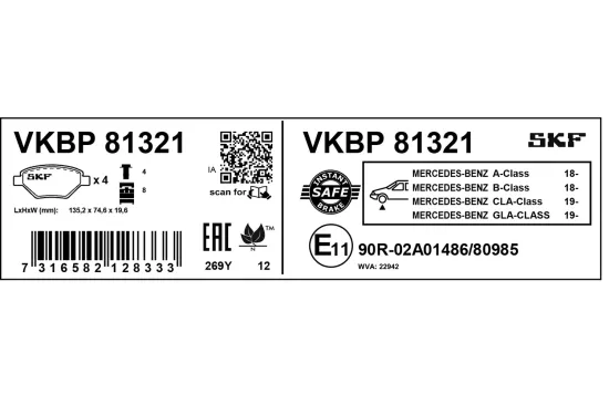 Bremsbelagsatz, Scheibenbremse Vorderachse SKF VKBP 81321 Bild Bremsbelagsatz, Scheibenbremse Vorderachse SKF VKBP 81321