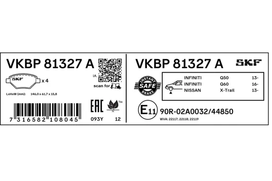 Bremsbelagsatz, Scheibenbremse Vorderachse SKF VKBP 81327 A Bild Bremsbelagsatz, Scheibenbremse Vorderachse SKF VKBP 81327 A