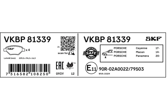 Bremsbelagsatz, Scheibenbremse Vorderachse SKF VKBP 81339 Bild Bremsbelagsatz, Scheibenbremse Vorderachse SKF VKBP 81339