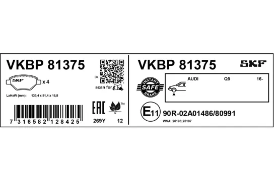Bremsbelagsatz, Scheibenbremse Vorderachse SKF VKBP 81375 Bild Bremsbelagsatz, Scheibenbremse Vorderachse SKF VKBP 81375