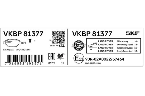 Bremsbelagsatz, Scheibenbremse Vorderachse SKF VKBP 81377 Bild Bremsbelagsatz, Scheibenbremse Vorderachse SKF VKBP 81377