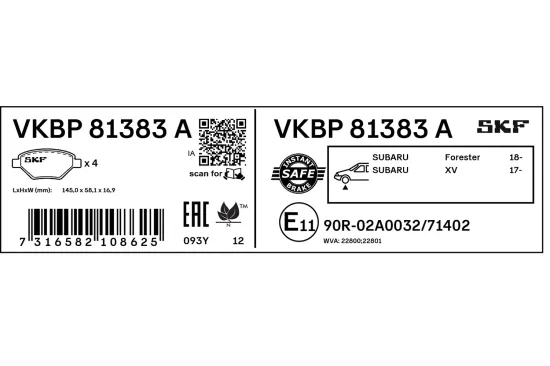 Bremsbelagsatz, Scheibenbremse Vorderachse SKF VKBP 81383 A Bild Bremsbelagsatz, Scheibenbremse Vorderachse SKF VKBP 81383 A