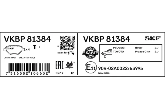 Bremsbelagsatz, Scheibenbremse Vorderachse SKF VKBP 81384 Bild Bremsbelagsatz, Scheibenbremse Vorderachse SKF VKBP 81384