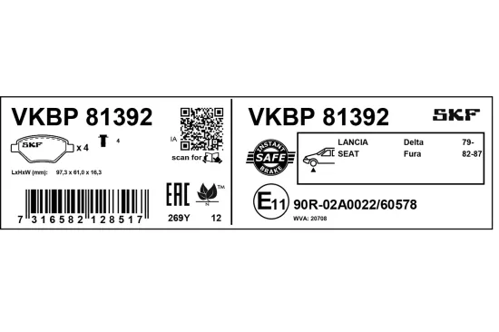 Bremsbelagsatz, Scheibenbremse Vorderachse SKF VKBP 81392 Bild Bremsbelagsatz, Scheibenbremse Vorderachse SKF VKBP 81392