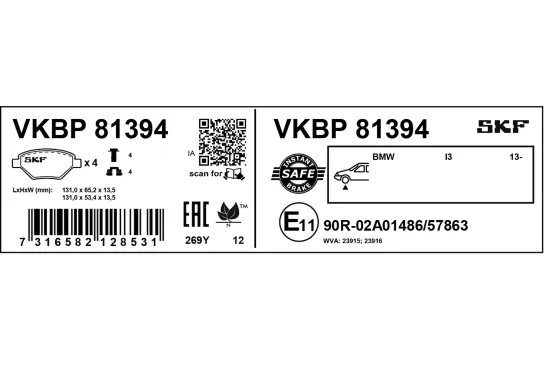 Bremsbelagsatz, Scheibenbremse Vorderachse SKF VKBP 81394 Bild Bremsbelagsatz, Scheibenbremse Vorderachse SKF VKBP 81394