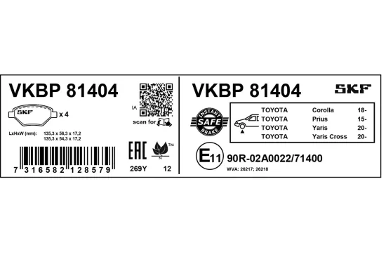 Bremsbelagsatz, Scheibenbremse Vorderachse SKF VKBP 81404 Bild Bremsbelagsatz, Scheibenbremse Vorderachse SKF VKBP 81404