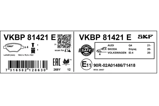 Bremsbelagsatz, Scheibenbremse Vorderachse SKF VKBP 81421 E Bild Bremsbelagsatz, Scheibenbremse Vorderachse SKF VKBP 81421 E