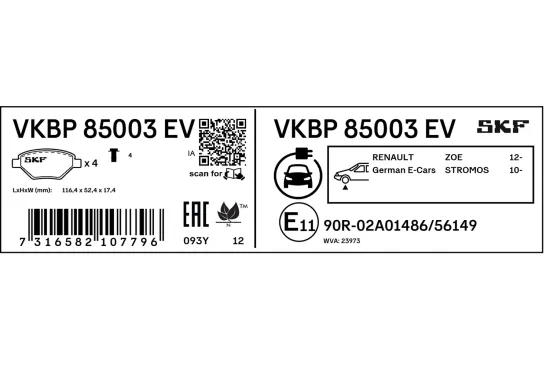 Bremsbelagsatz, Scheibenbremse Vorderachse SKF VKBP 85003 EV Bild Bremsbelagsatz, Scheibenbremse Vorderachse SKF VKBP 85003 EV
