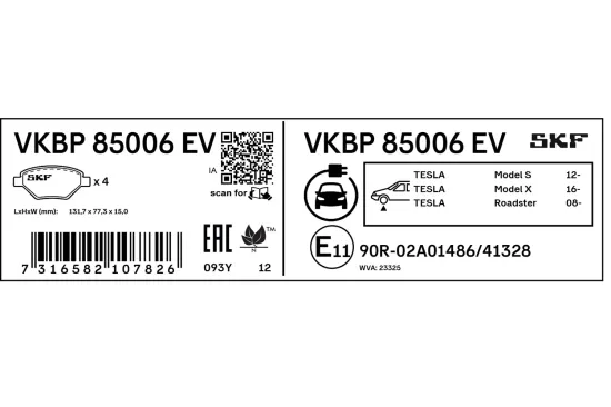 Bremsbelagsatz, Scheibenbremse Vorderachse SKF VKBP 85006 EV Bild Bremsbelagsatz, Scheibenbremse Vorderachse SKF VKBP 85006 EV