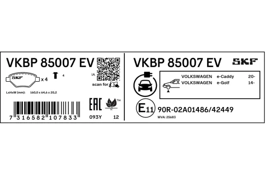 Bremsbelagsatz, Scheibenbremse Vorderachse SKF VKBP 85007 EV Bild Bremsbelagsatz, Scheibenbremse Vorderachse SKF VKBP 85007 EV