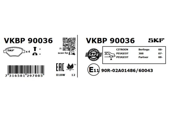 Bremsbelagsatz, Scheibenbremse SKF VKBP 90036 Bild Bremsbelagsatz, Scheibenbremse SKF VKBP 90036