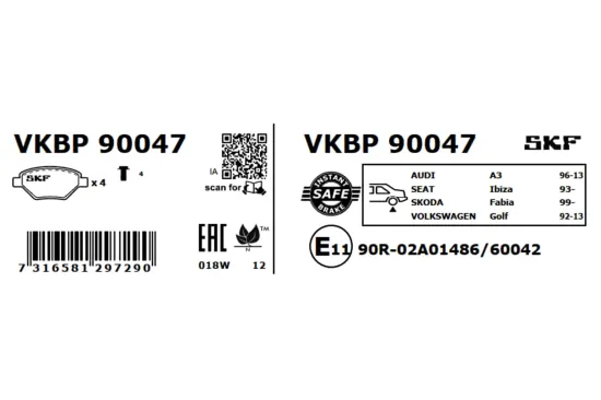 Bremsbelagsatz, Scheibenbremse SKF VKBP 90047 Bild Bremsbelagsatz, Scheibenbremse SKF VKBP 90047