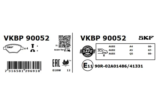 Bremsbelagsatz, Scheibenbremse SKF VKBP 90052 Bild Bremsbelagsatz, Scheibenbremse SKF VKBP 90052